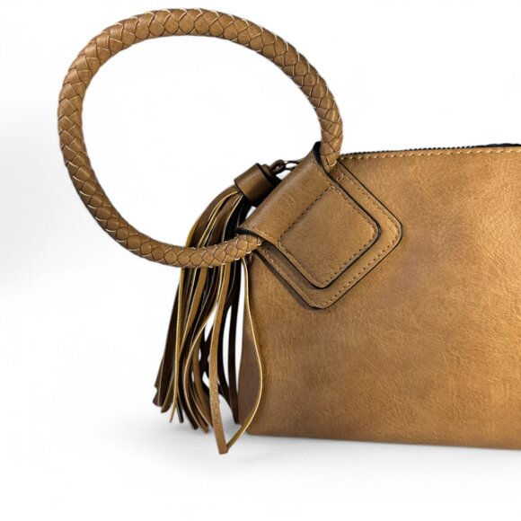 BoHo Vegan Leather Clutch with Braided Cognac Colored Wristlet Handle & Tassels - Picture 2 of 8